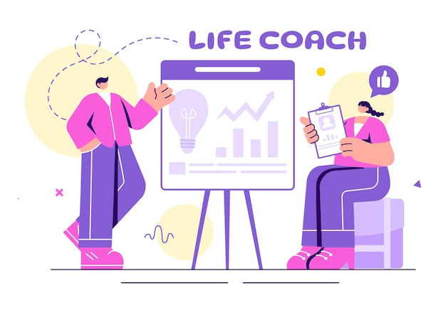 life coach vector illustration for consultation education motivation mentoring perspective and self coaching in business flat cartoon background