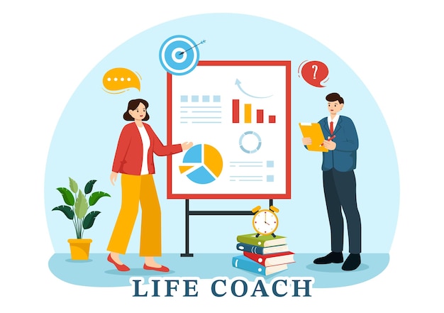 life coach vector illustration for consultation and self coaching in business cartoon background