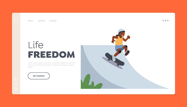 Life Freedom Landing Page Template Afrikaans meisje dat op skateboard rolt Kid-personage voert stunts uit in Rollerdrome