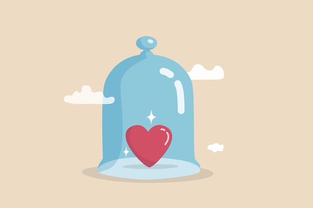 life insurance family protection, guarding and security cover your love one, protect from illness, health or disease concept, shiny heart shape covered inside strong glass dome.