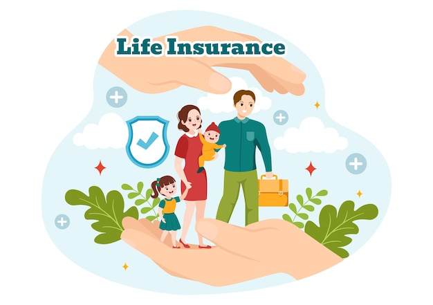 Vector life insurance vector illustration with shield and umbrella for family healthcare protection