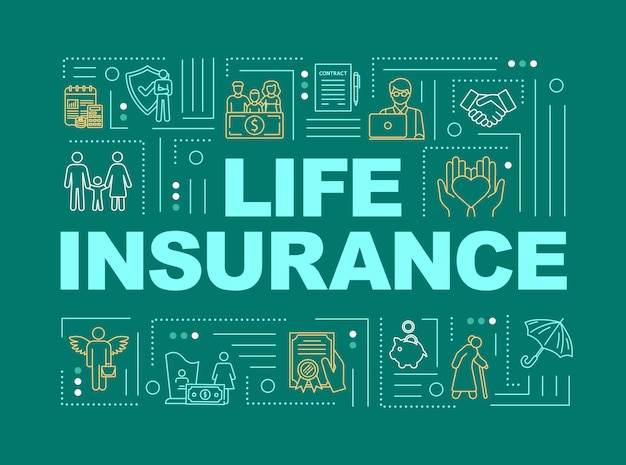 Life insurance word concepts banner. risk management. family healthcare plan. infographics with linear icons on mint background. isolated typography. vector outline rgb color illustration