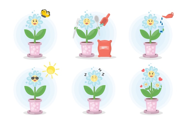 花の生活成長する花のイラストのセット水やりと植え付け