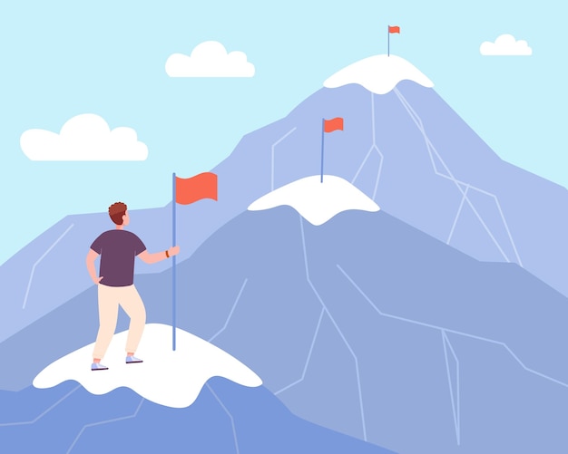 Vector life steps to goals manager gradual achievement of purpose man leader climb up mountains peak with flag path high aim concept improve stages business future vector illustration