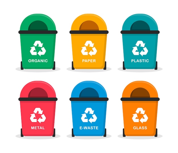 Life waste recycling concept set of colorful trash cans