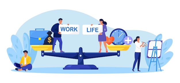 Life and work balance on scales people keep harmony choose between career and money versus health and time leisure or business comparison stress and healthy life family love versus job