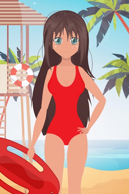 A lifeguard girl in a red swimsuit holds a board in her hands Cartoon style vector illustration