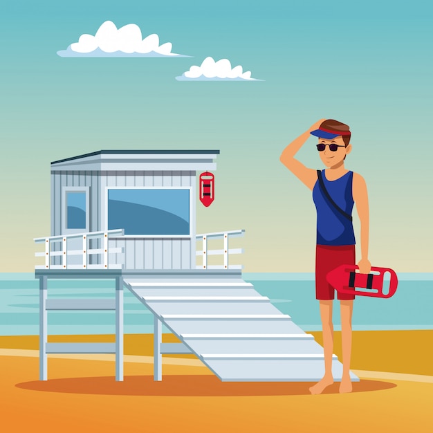 Lifeguard смотрит на летние мультфильмы на пляже