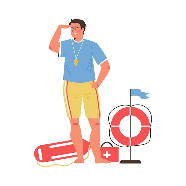 Lifeguard man with various rescue equipment