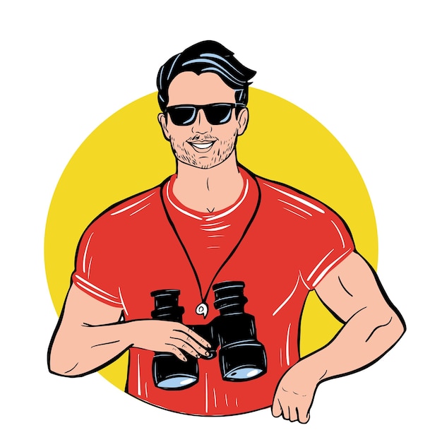 Lifeguard in sunglasses holding binoculars against the backdrop of the sun.vector illustration.