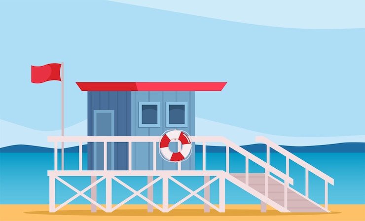 Vector lifeguard tower on the beach coast guard station in modern flat design vector illustration