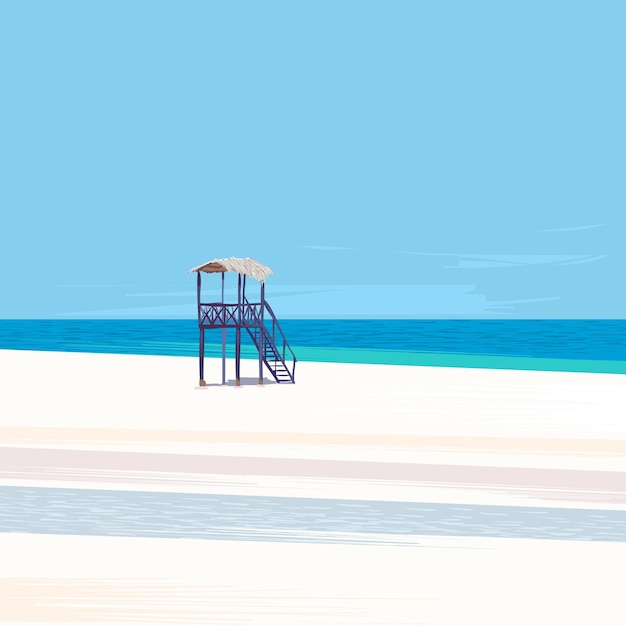 Vettore torretta del bagnino su un'illustrazione di vettore della spiaggia di sabbia vuota
