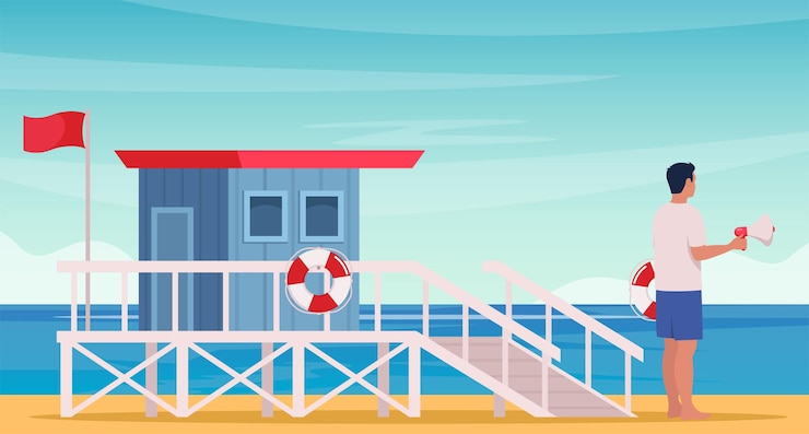 Vector lifeguard tower and professional beach lifeguard standing with lifebuoy