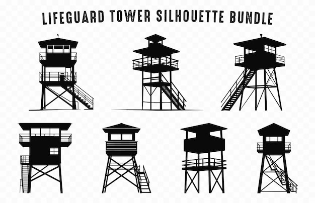 Lifeguard tower Silhouette black vector Set Safeguard tower silhouettes Clipart Set