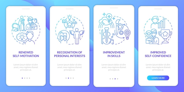 Lifelong learning benefits blue gradient onboarding mobile app screen Walkthrough 4 steps graphic instructions pages with linear concepts UI UX GUI template Myriad ProBold Regular fonts used