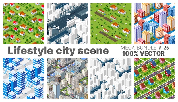 La scena della città di stile di vita imposta illustrazioni su temi urbani con case, automobili, persone, alberi e parchi. concetto isometrico vettore 3d per design, giochi, web.