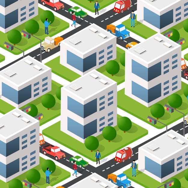 Scena di vita urbana isometrica 3d illustrazione di un isolato con case, strade, persone, automobili. illustrazione per l'industria del design e dei giochi.