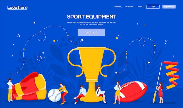 Lifestyle sports web banner, ui header, enter site. people character with items around winning cup.