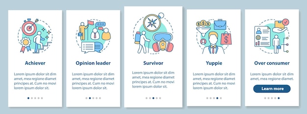 ベクトル 線形の概念を持つオンボーディングモバイルアプリページ画面のマーケティングで使用されるライフスタイルタイプ。達成者、生存者、ヤッピーのウォークスルーステップのグラフィックの説明。アイコン付きのux、ui、guiベクトルテンプレート