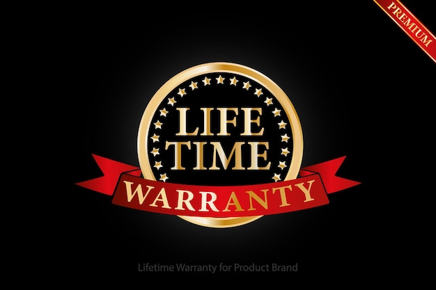 Vector lifetime warranty golden logo with ring and red ribbon isolated on black background