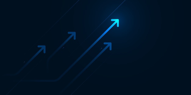 Vector light arrow up circuit on dark blue background, business growth concept.