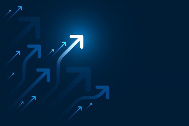 Vector light arrow up circuit on dark blue background with copy space copy illustration, business growth concept.