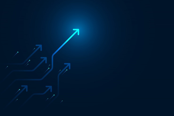 Vector light arrow up circuit on dark blue background with copy space copy illustration, business growth concept.