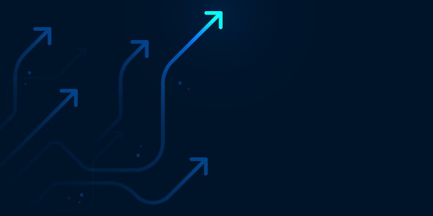 Vettore freccia leggera sul circuito su fondo blu scuro con l'illustrazione della copia dello spazio della copia, concetto di crescita di affari.