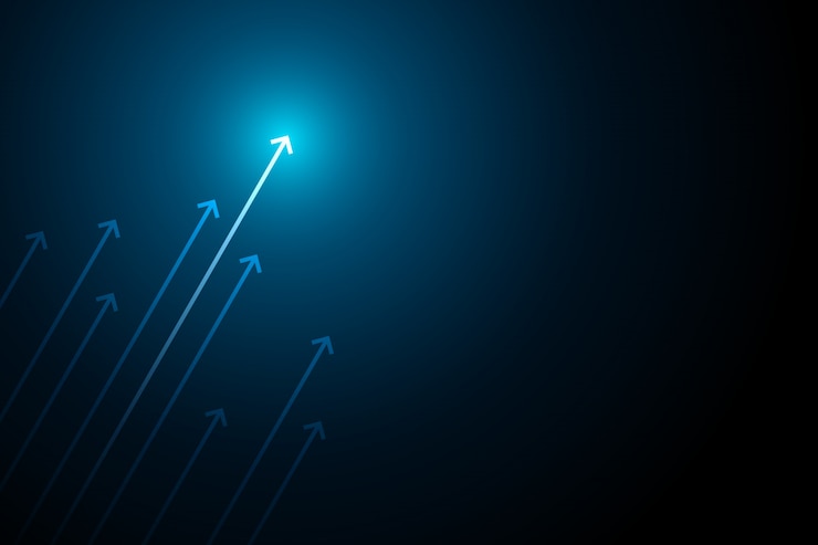 Vector light arrow up circuit on dark blue background with copy space copy illustration, business growth concept.