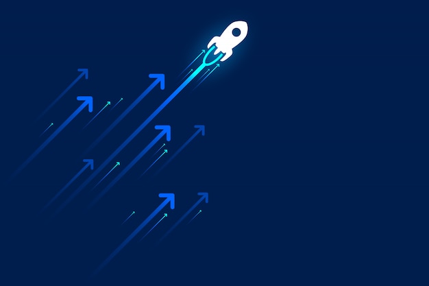 Light arrow up rocket circuit on dark blue background with copy space copy illustration, business growth concept.