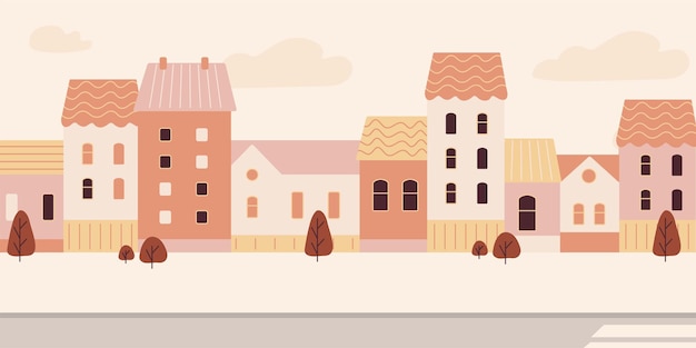 Vector light background illustration with an empty road trees and houses in the background