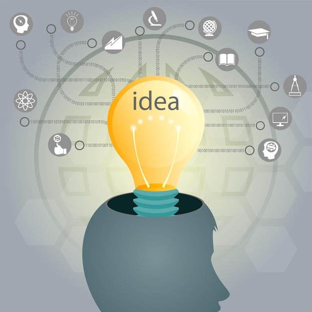 Light background with a silhouette of a head and a light bulb brainstorming