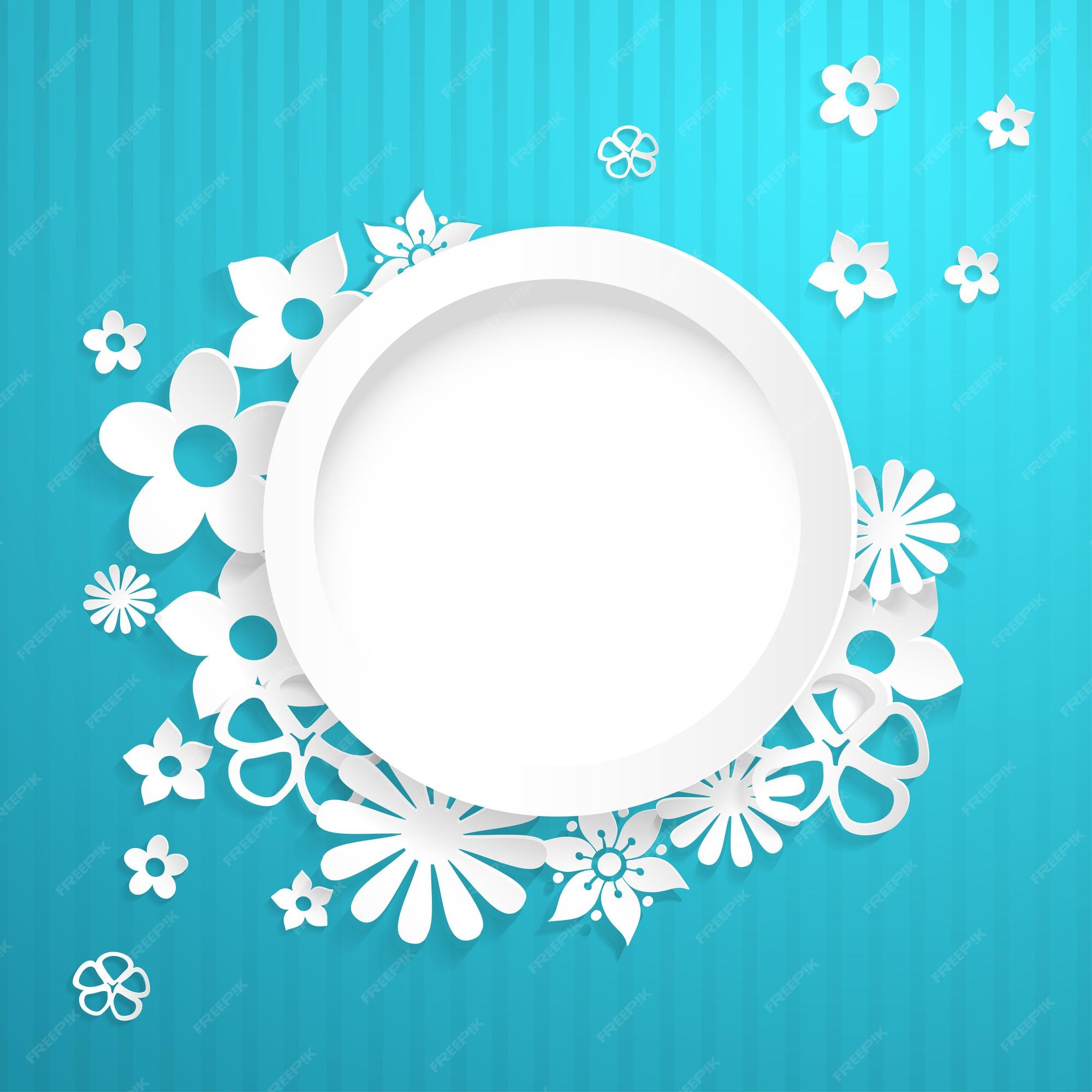 Premium Vector | Light blue background with white circle and flowers cut  out of paper