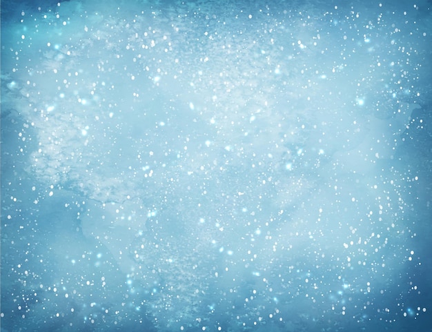 Light blue Christmas watercolor grunge background with falling snow and light sparkles.