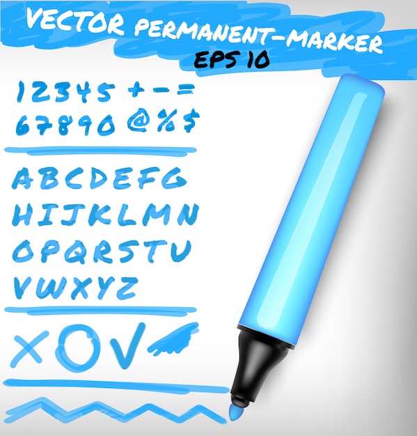 Vector light blue color open permanent marker pen, handwritten digits set, numerals, figure and alphabet check sign, plus, line. felt-pen illustration