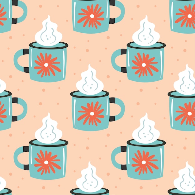 Vector light blue cup with steam seamless pattern