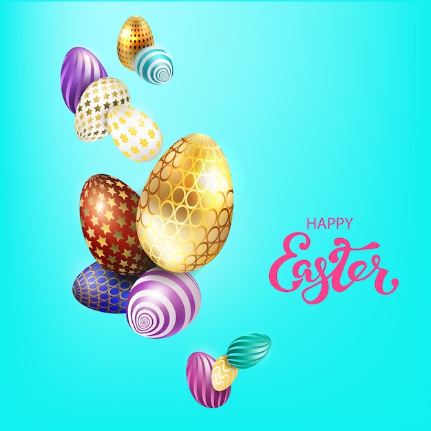 Vector light blue easter composition with beautiful eggs of various colors