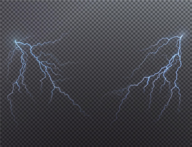 Light blue isolated vector lightning png. Magic light abstract lines. Realistic natural lightning.