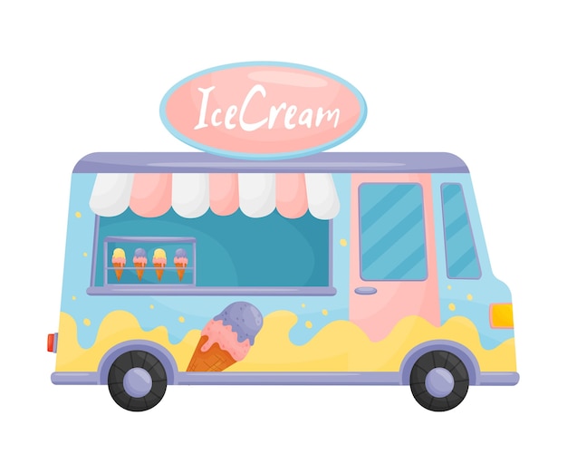 Furgone alimentare blu chiaro e rosa con illustrazione vettoriale di gelato su sfondo bianco