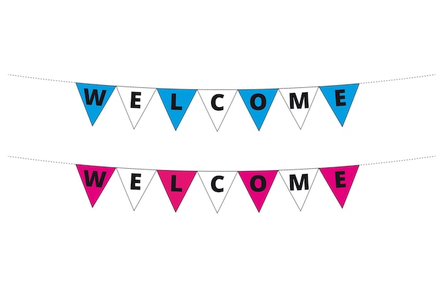 Light blue pink and white welcome banner on a white background