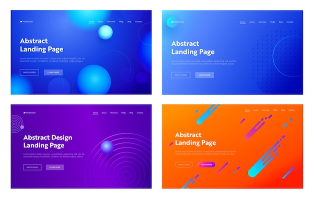 Vector light blue purple orange abstract geometric line shape landing page background set. digital motion gradient pattern. creative neon element for website web page. flat cartoon vector illustration