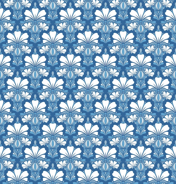 흰 꽃의 꽃다발과 함께 아르누보 스타일의 밝은 파란색 원활한 벡터 배경