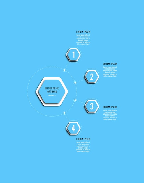 Light blue vertical infographic diagram template with four hexagonal elements and text boxes