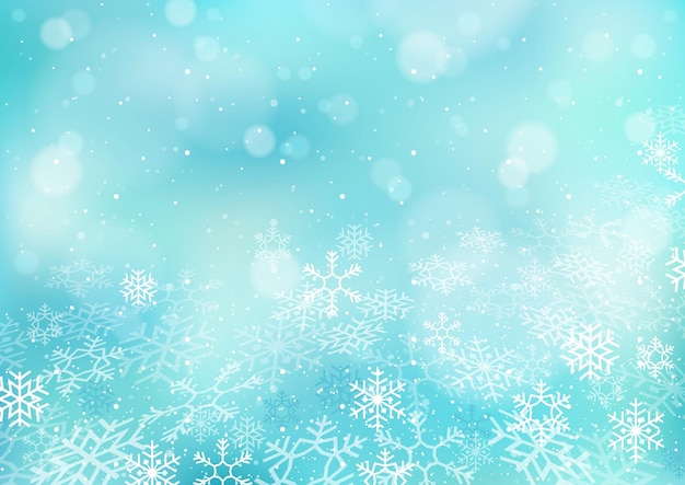 Sfondo invernale azzurro con fiocchi di neve e neve che cade punteggiata con effetto bokeh sfocato - illustrazione astratta, vettore