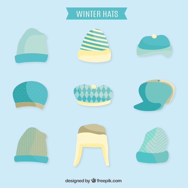 Vector light blue winter hats flat collection