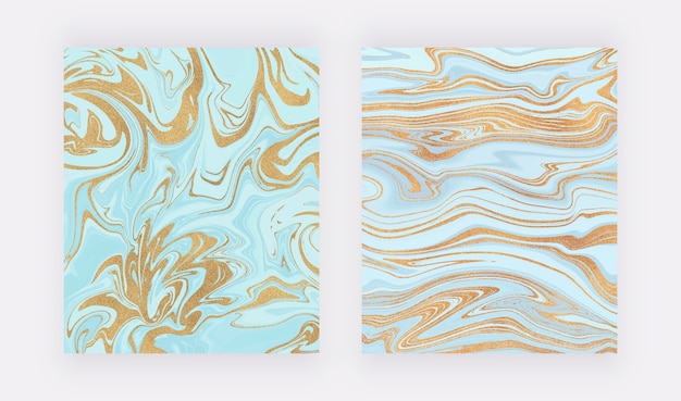 Vector light blue with gold glitter ink painting. abstract liquid watercolor texture.