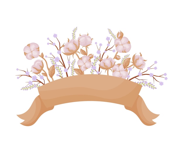 Light brown blank ribbonshaped banner decorated with cotton branches vector illustration on white background