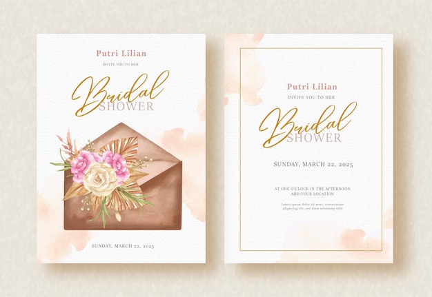 Light brown of bridal shower invitation card with vintage envelope and floral ornament background