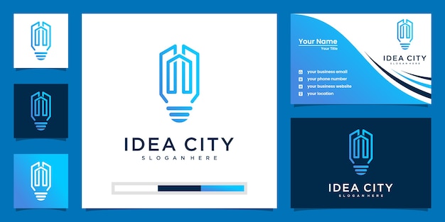 電球と線画風の建物。アイデアのロゴと名刺のデザインを構築する