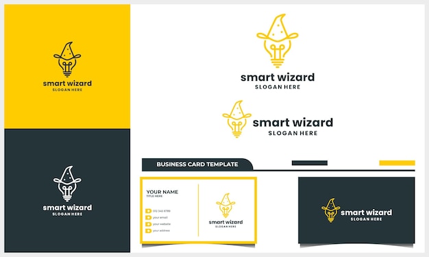 Лампочка и волшебник с концепцией дизайна логотипа line art и шаблоном визитной карточки